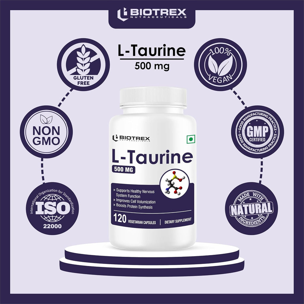 Biotrex Nutraceuticals L-Taurine 500mg Supplement, Energy, Heart, Brain & Eye Health Support, Cardiovascular system, 120 Vegetarian Capsules