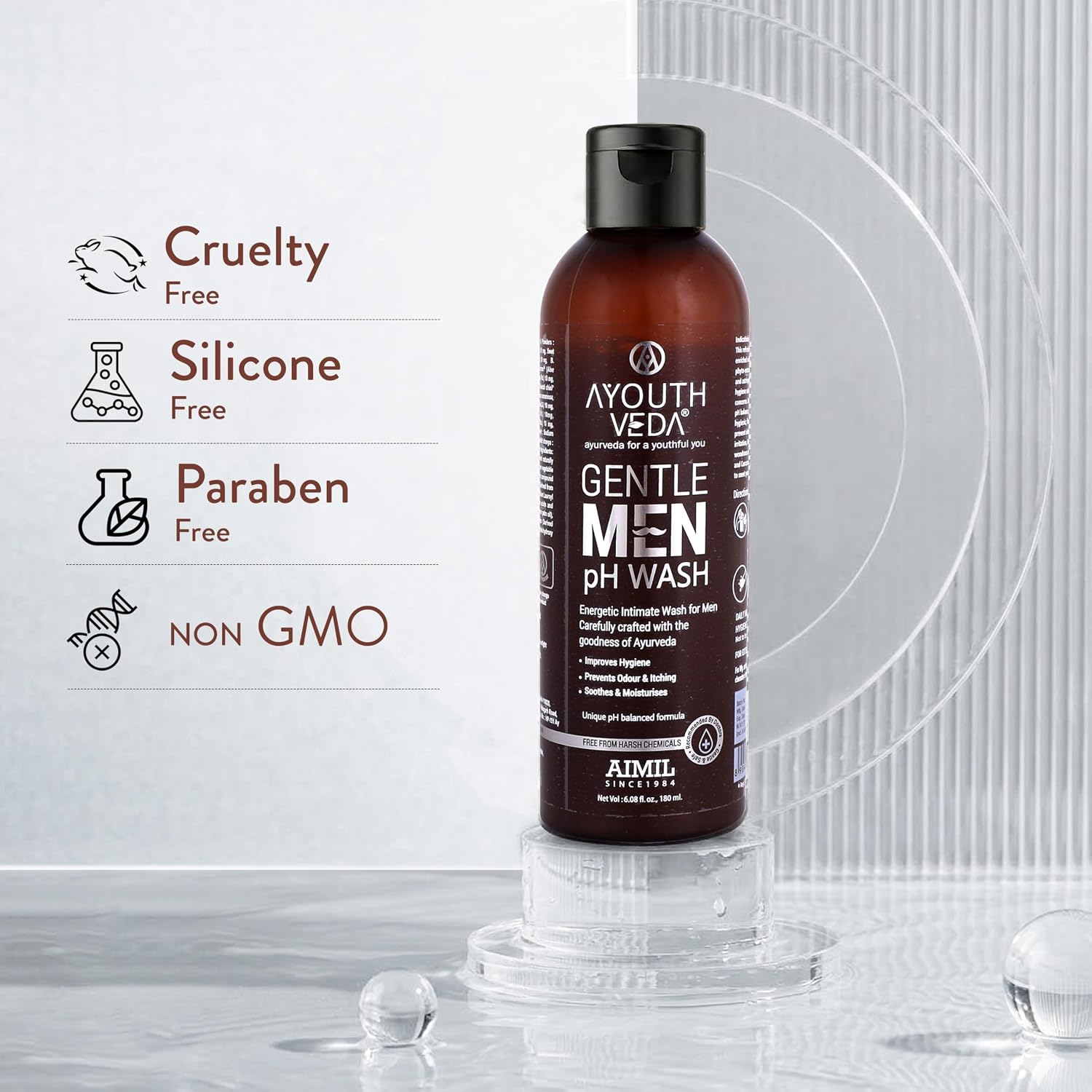 Ayouthveda Gentlemen PH Wash | Intimate Hygiene Wash For Men | PH Balancing Formula, Prevents Dryness, Itchiness & Bad Odor | Enriched With Aloe Vera, Haridra & Ashwagandha (Pack Of 1-180ml)
