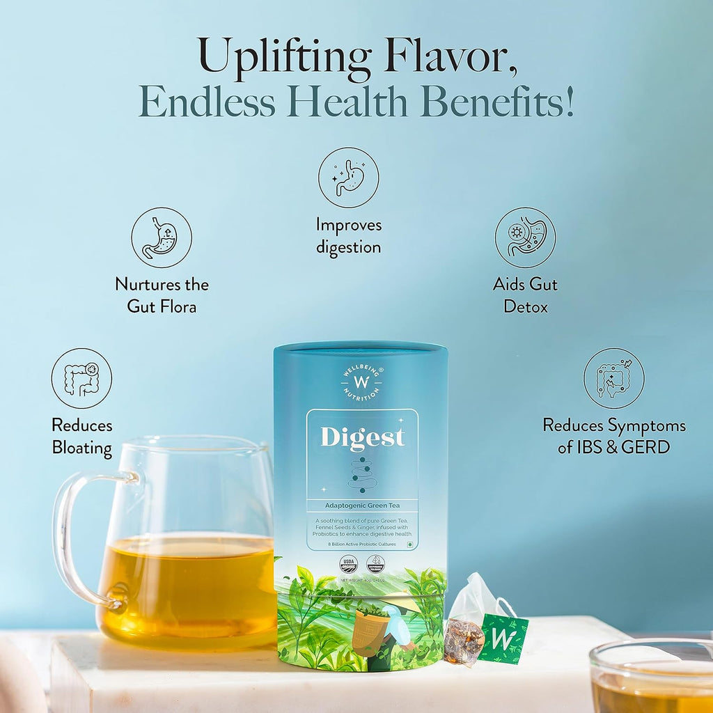 Wellbeing Nutrition Digest Green Tea | Digestive Tea with Probiotics, Digestive Enzymes, 8 Billion CFU & Fennel Seeds for better Digestion, Bloating, Gas and Acidity relief (40 Pyramid Tea Bags)