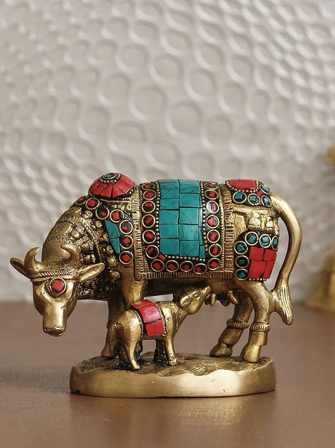 Ecraftindia Golden Stone Work Handcrafted Brass Cow and Calf Statue | Cow Statue With Calf Animal Figurine Decorative Showpiece