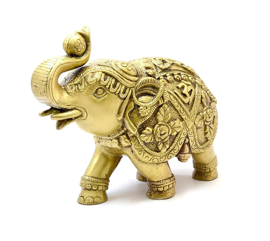 Two Moustaches Om and Swastika Carving Brass 7 Inches Elephant Showpiece