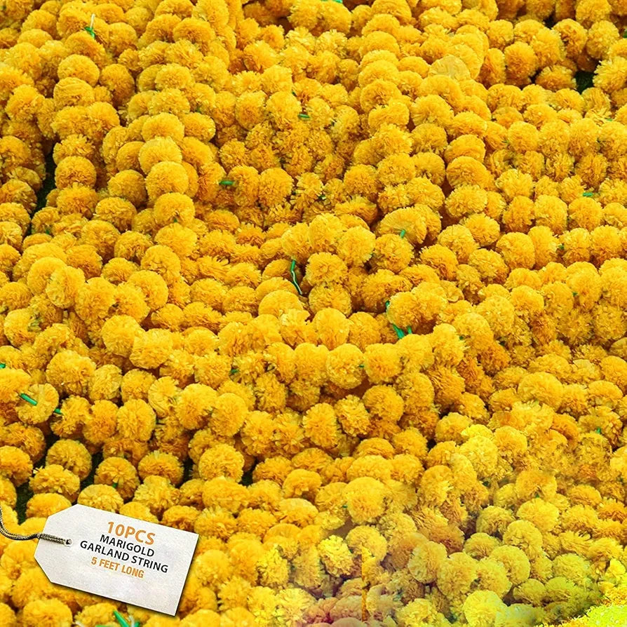 Artificial Marigold Flowers for Decoration Garland with Bell 5 Feet Long 50 Pcs mix - 50pcs(5pkt)
