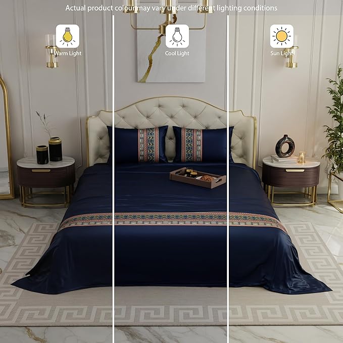 Stoa Paris Bedsheets for Double Size Bed Satin Bedsheet with 2 Pillow Covers Colour Regal Renaissance-Navy