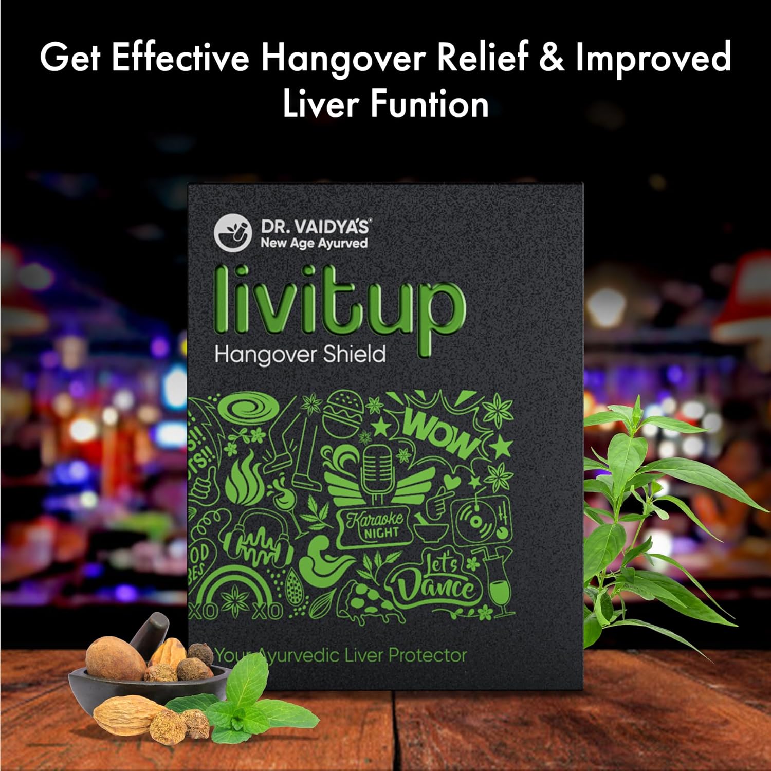 Click to see full view Dr. Vaidya's Livitup | Hangover Shield & Liver Protector | Helps Prevent Acidity, Nausea & Headache | Kalmegh Ghan & Arogyavardhini Rasa | (6 Capsules)