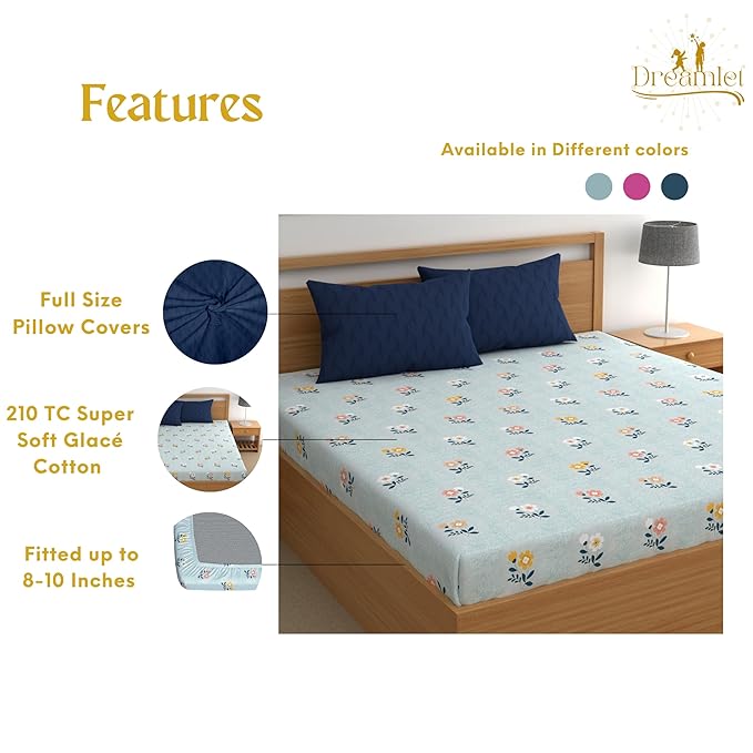Dreamlet All Around Elastic Supersoft 210TC Premium Cotton Elastic Fitted Bedsheets With 2 King Size Pillow Covers | Sky Blue