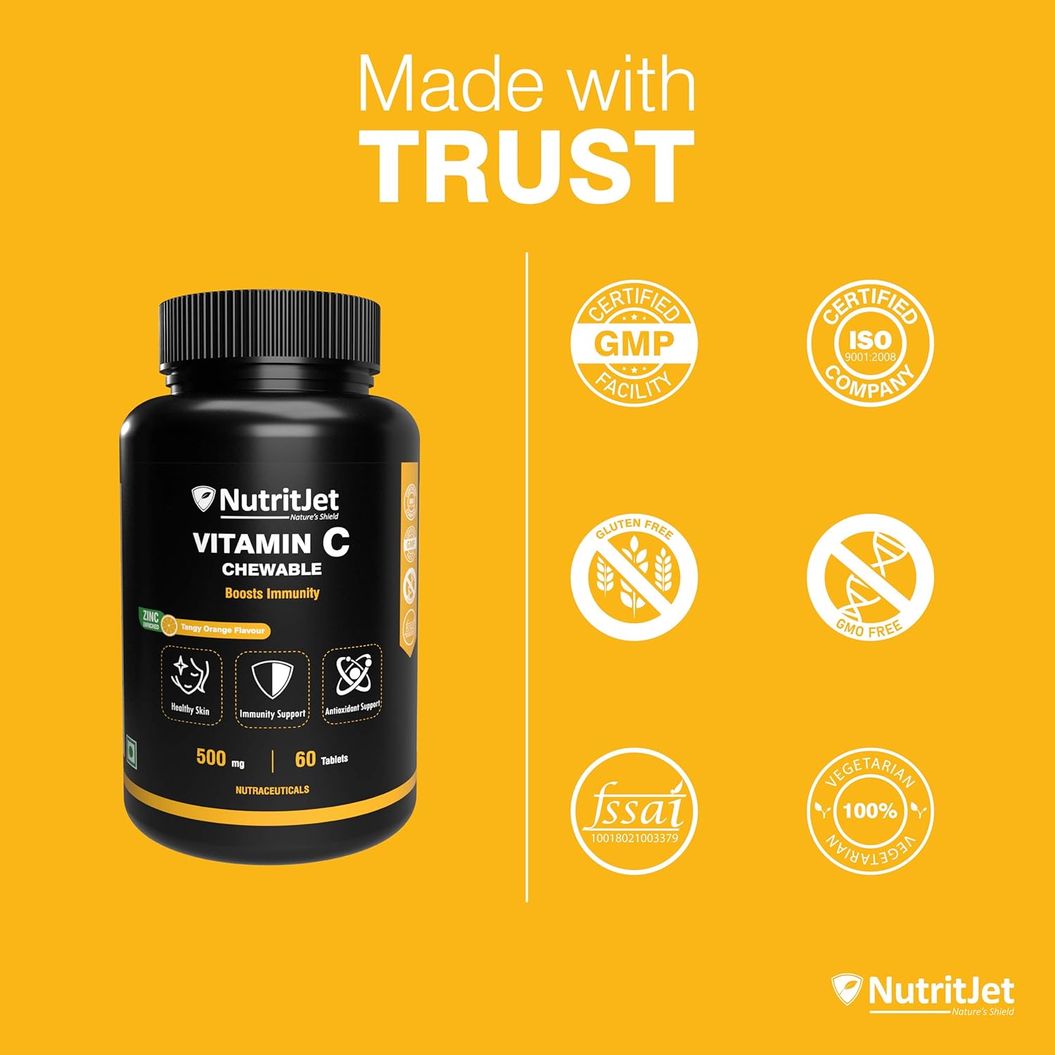NutritJet Vitamin C 500mg Tablet with Natural Vitamin C Amla Extract With Zinc for Men & Women - Skin Care, Immunity, Antioxidant - 60 Tablets