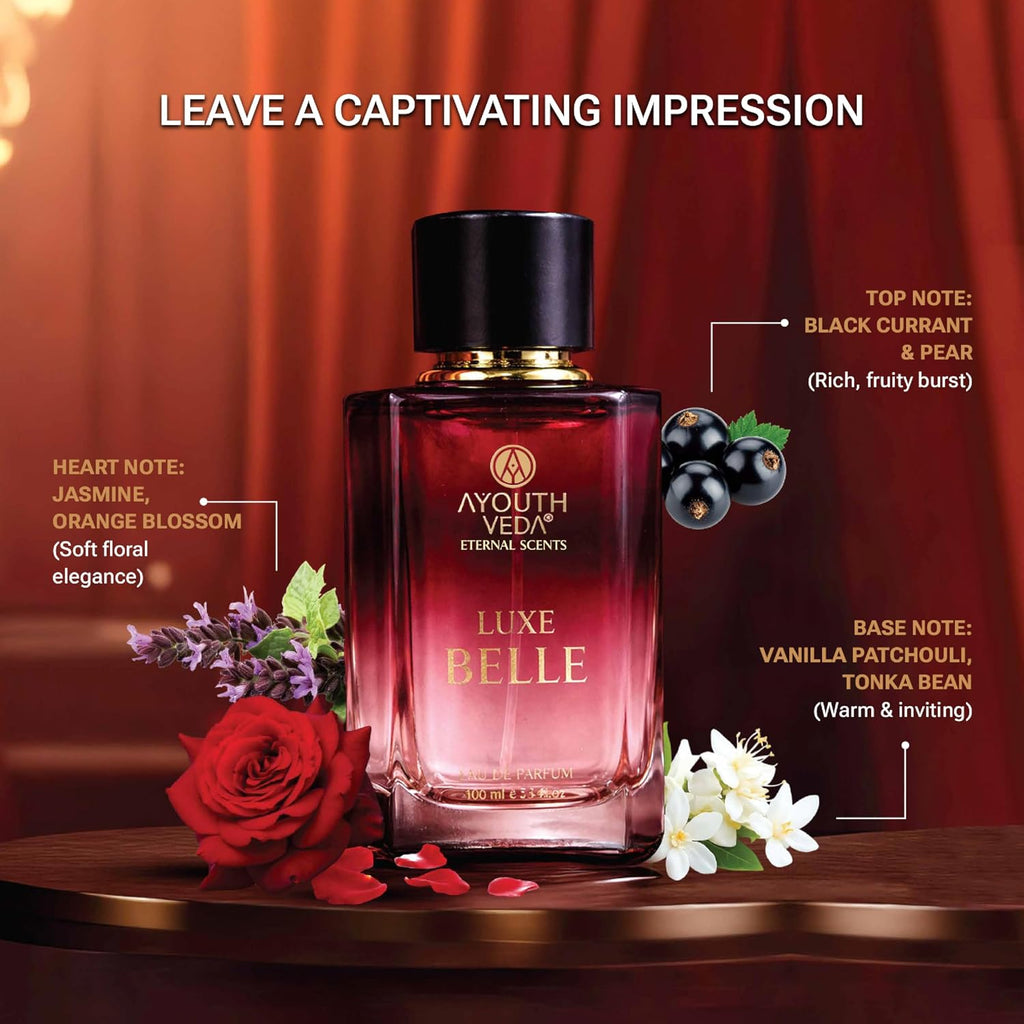 Ayouthveda Luxe Belle Eau De Parfum for Women | Long-Lasting Sweet Floral Luxury Perfume | Black Currant, Vanilla Patchouli, Orange Blossom & Tonka Bean | Elegant & Premium Fragrance | 100 ml