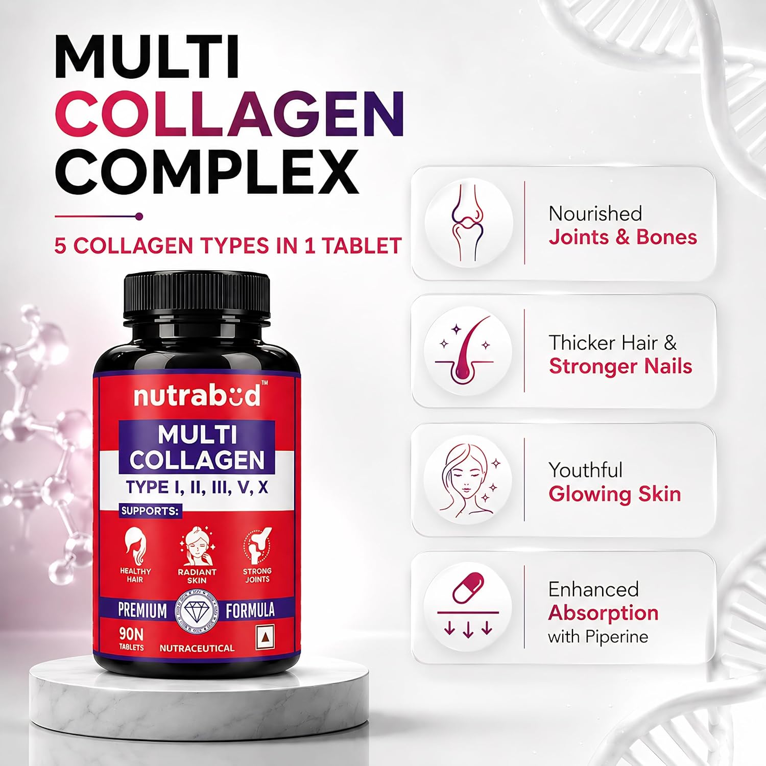 Nutrabud Multi Collagen Complex Supplement for Women, Men - 90 Tablets - Hydrolyzed Peptides with all 5 Types of Collagen Including TYPE I, II, III, V & X (90 Count (Pack of 1), Unflavoured)