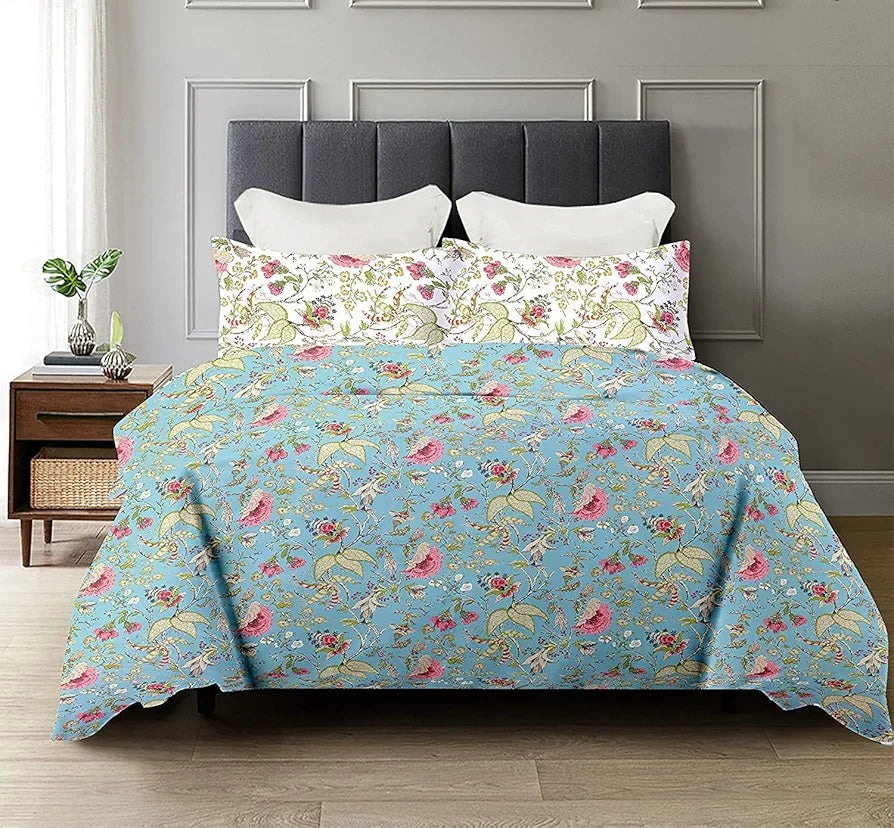 Trance Home Linen 180 TC 100% Cotton Printed Zippered Duvet Cover With 2 Pillow Covers Queen Size Calicut Colour Green White
