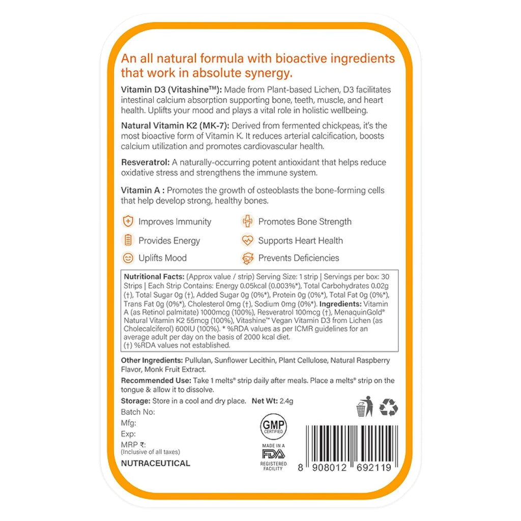 Wellbeing Nutrition Melts Natural Vitamin D3 + K2 Supplement for Immunity, Heart, Muscle, Bone, Cellular Protection | Vitashine, Resveterol & MenaquinGold | 30 Oral Strips