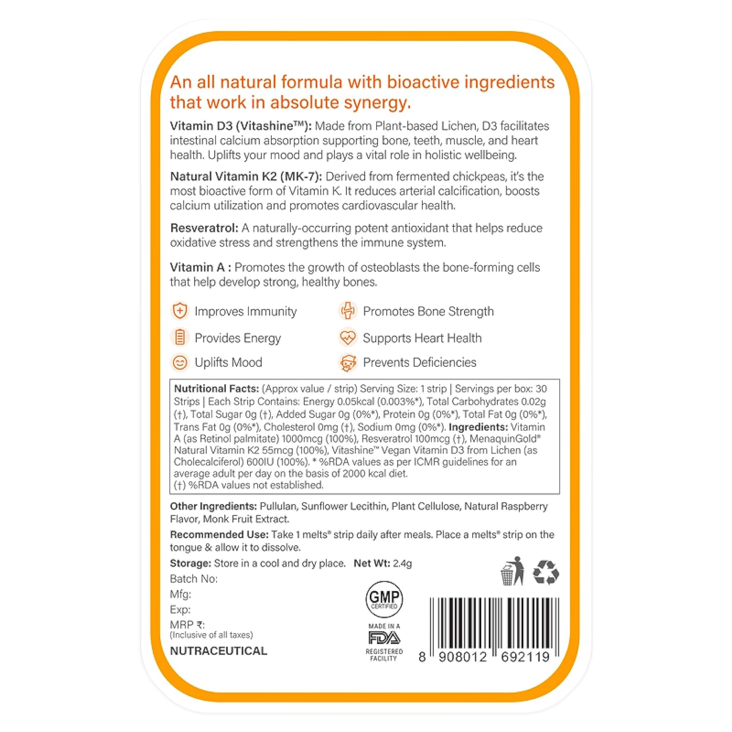 Wellbeing Nutrition Melts Natural Vitamin D3 + K2 Supplement for Immunity, Heart, Muscle, Bone, Cellular Protection | Vitashine, Resveterol & MenaquinGold | 30 Oral Strips