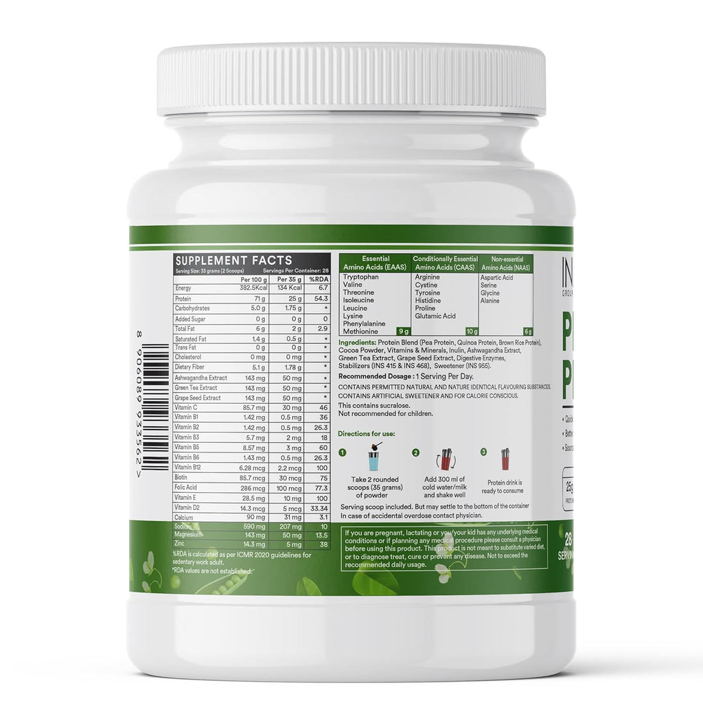 INLIFE Plant Protein Powder - Pea, Quinoa & Brown Rice - 25g Protein - Ashwagandha, Green Tea & Grape Seed Extract - Digestive Enzymes Bodybuilding Supplement (1kg, Chocolate)