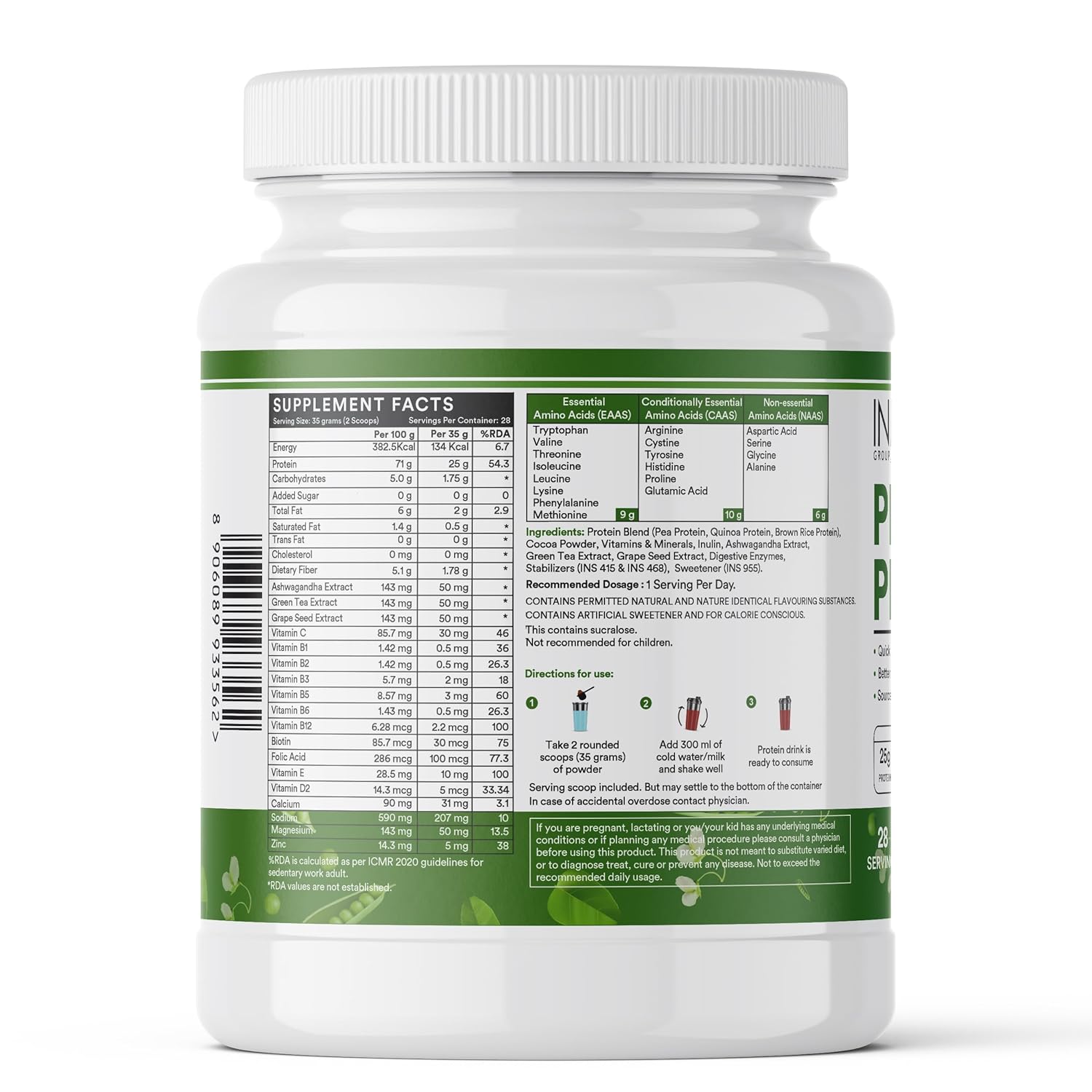 INLIFE Plant Protein Powder - Pea, Quinoa & Brown Rice - 25g Protein - Ashwagandha, Green Tea & Grape Seed Extract - Digestive Enzymes Bodybuilding Supplement (1kg, Chocolate)