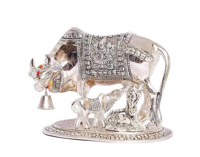 KridayKraft Kamdhenu Cow Calf with Bal Gopal Krishna Metal Statue for Good Luck Feng Shui As Table Top Idol