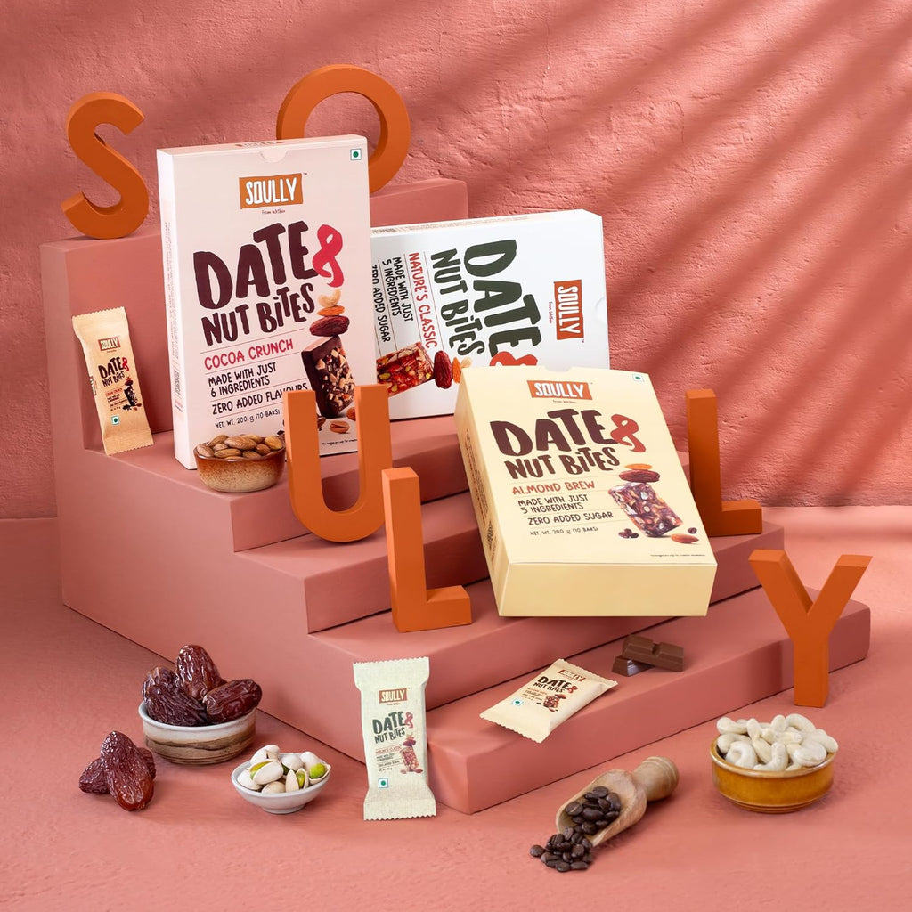 SOULLY Cocoa Crunch Date & Nut Mini Energy Bars 200g (10 Bars x 20g) | Dark Chocolate, Whole Dates, Premium Nuts & Pure Cow Ghee | Just 98 Calories Per Bar | No Refined Sugar Added | No Preservatives | Guilt-Free Dessert Replacement