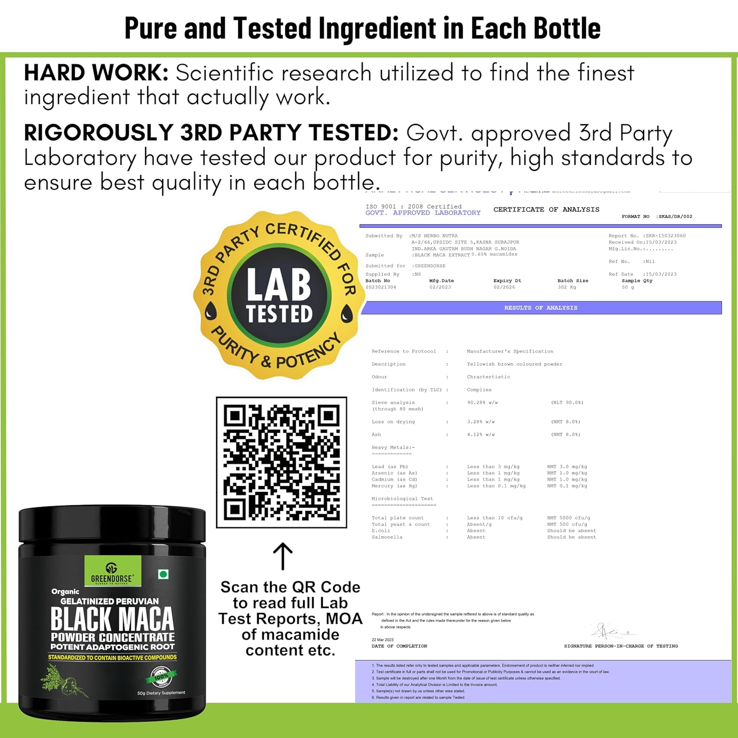 GREENDORSE Peruvian Black Maca Root Powder Concentrate | Rich in Macamide & Macaenes, 3rd Party Lab Tested | Stamina & Reproductive Health Support, Performance,Vitality- High Potency-50g