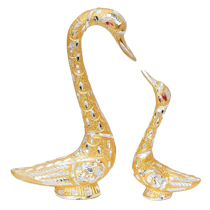 Ecraftindia Loving Golden Swan Couple Metal Handcrafted Decorative Figurine
