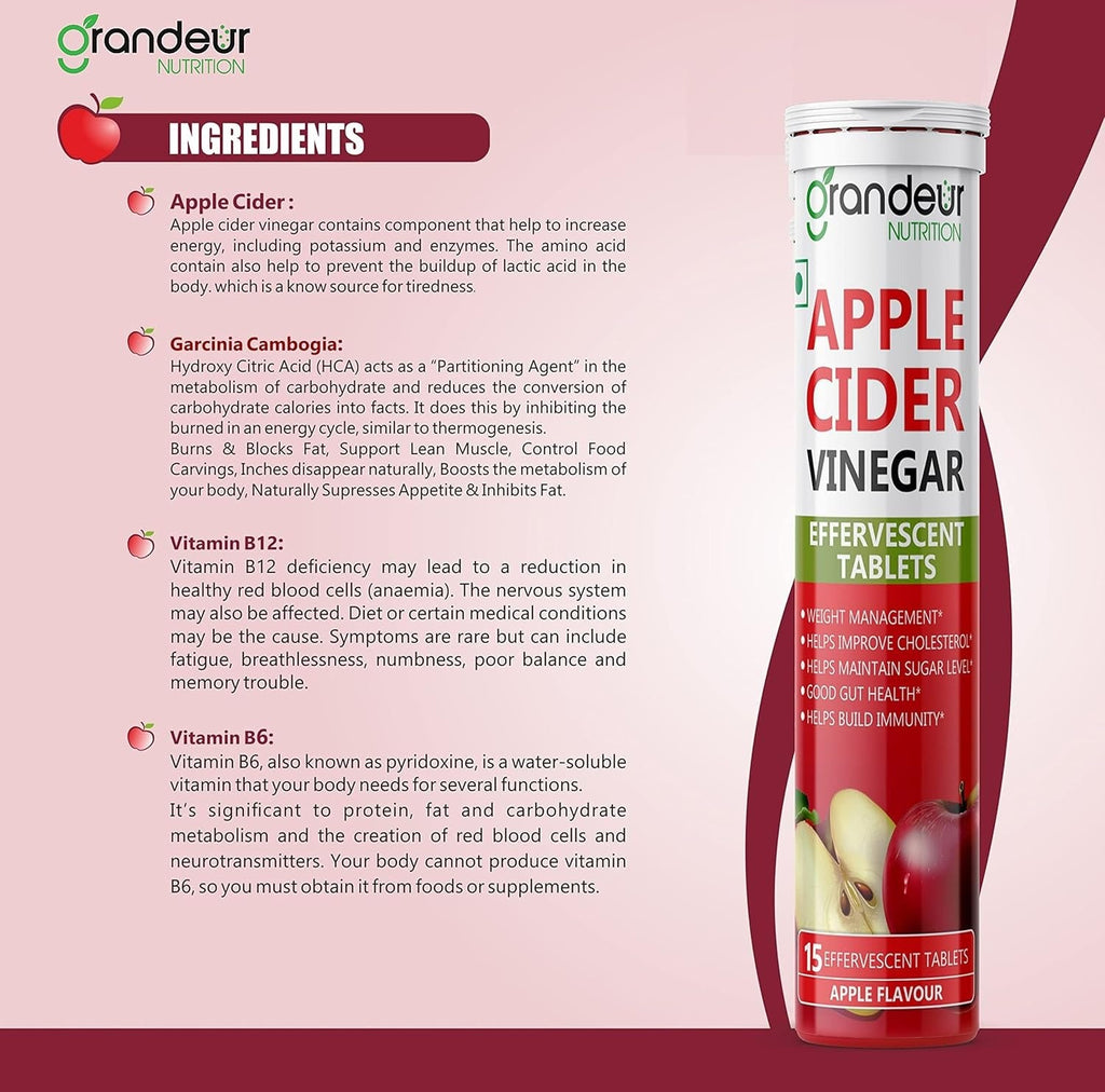 Grandeur The Plant Based Apple Cider Vinegar Tablets For Weight Management - 15 Tab (Pack of 3)