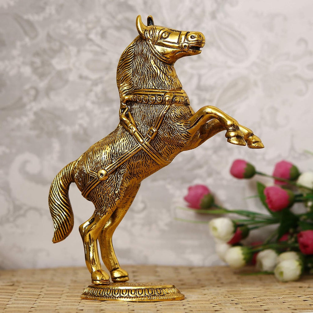 Ecraftindia Decorative Golden Metal Jumping Horse Statue Animal Figurine Antique Showpiece