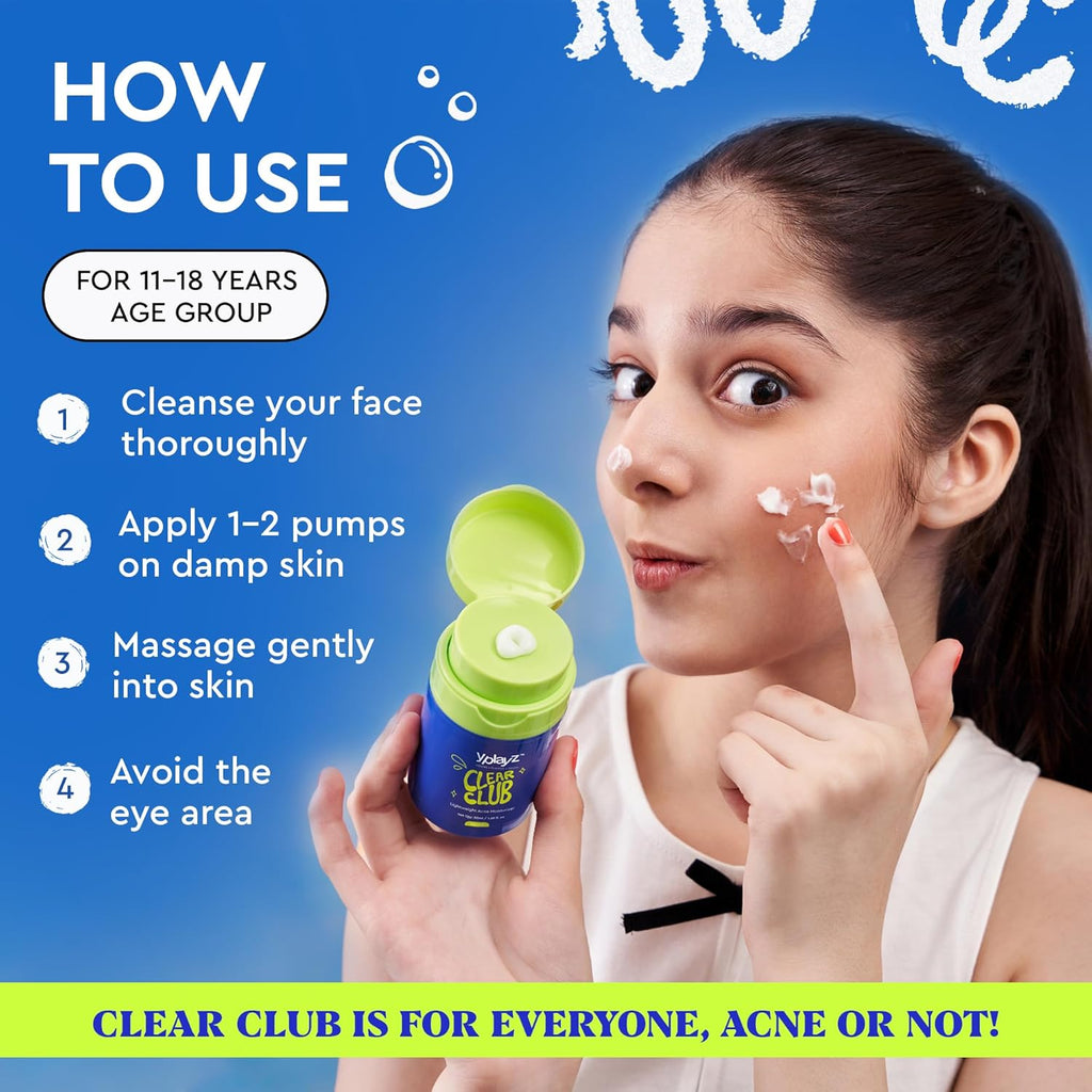 YplayZ Clear Club Acne Moisturizer, Featherlight & Calming Formula for Kids & Teens | Ages 11-18 - 50 Ml