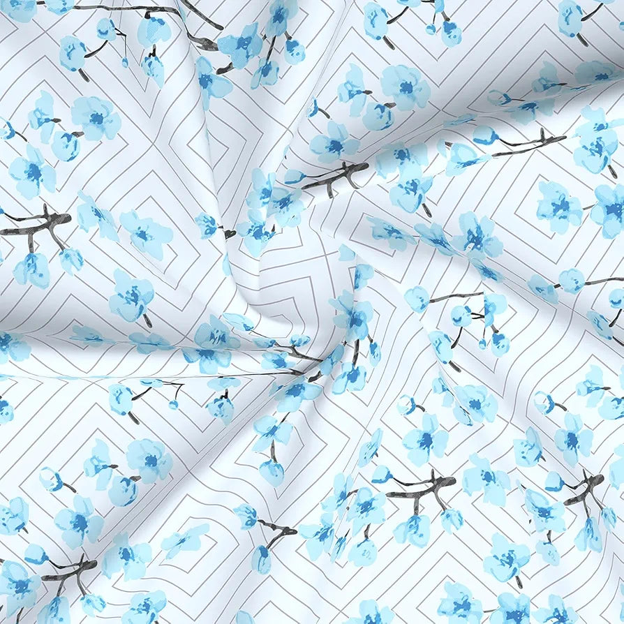 Layers Lumina Floret Cotton Bedsheet Set for All Seasons Lightweight 144 TC King Size Blue Ethnic