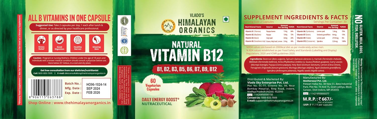 Vladoâ€™s Himalayan Organics Plant-Based Vitamin B12 with B-Complex & Moringa | Energy, Nerve & Brain Support | 60 Veg Capsules