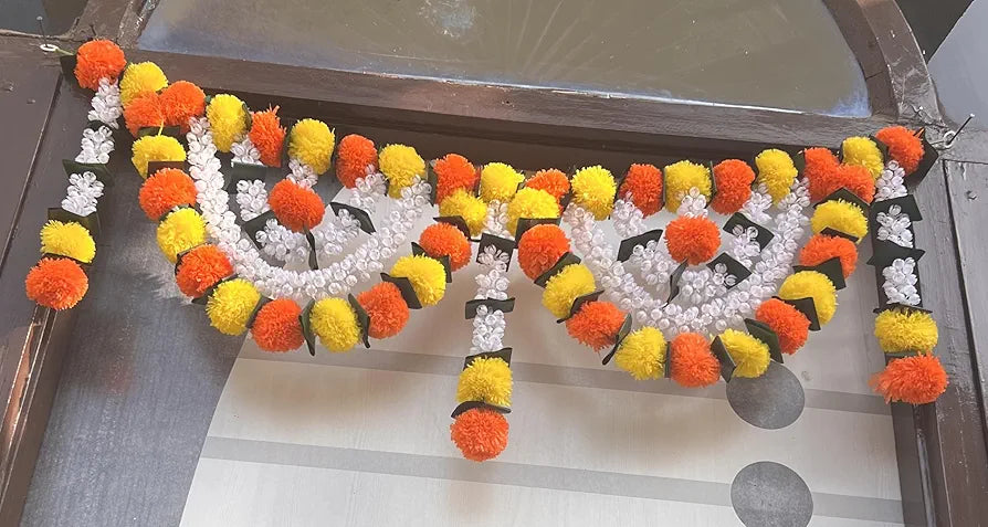 Artificial Marigold Bandanwar with Jasmine 40 Inch Yellow & Orange Flower Marigold With Fold Leaf Bandanwar