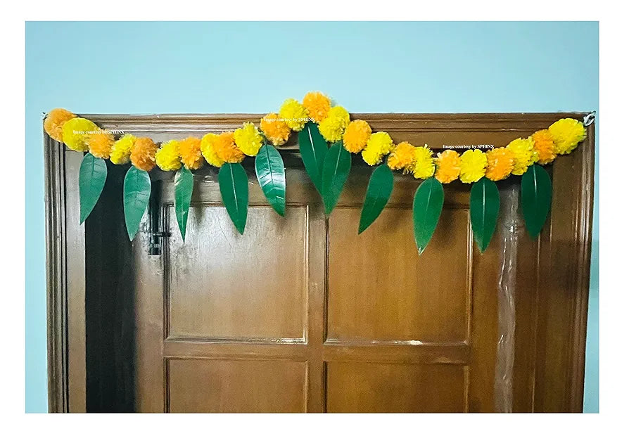 Artificial Marigold &Mango Leaves Simple Door-Window Toran Yellow and Light Orange