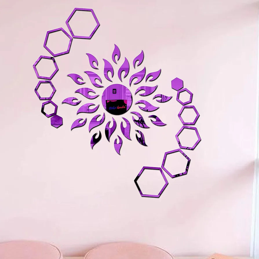 Bikri Kendra Art BK71, Sun with Hexagon Ring 2 Set 3D Acrylic Mirror Stickers for Wall