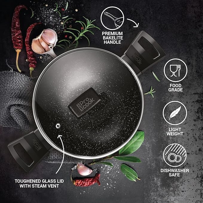 Milton Pro Cook Granito Induction Kadhai With Glass Lid, 30 Cm / 4.9 Litre, Black - 2020 gms