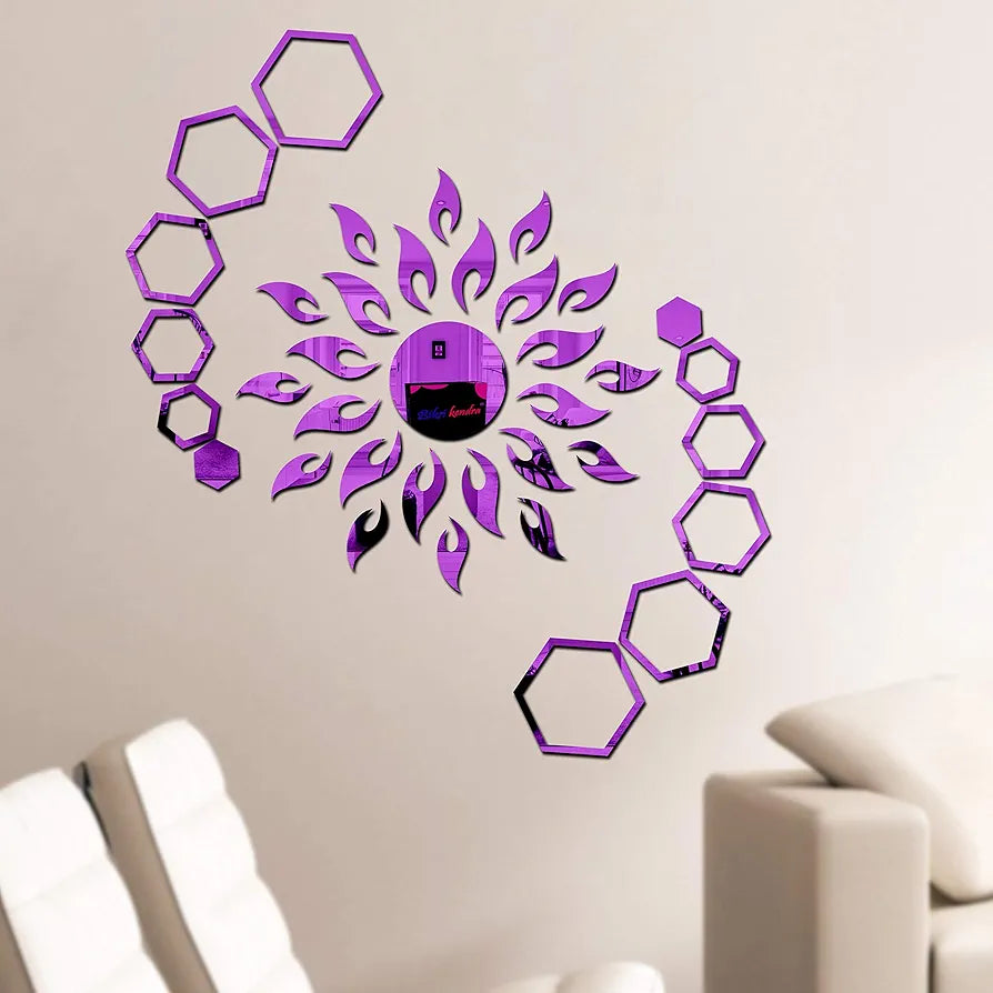 Bikri Kendra Art BK71, Sun with Hexagon Ring 2 Set 3D Acrylic Mirror Stickers for Wall
