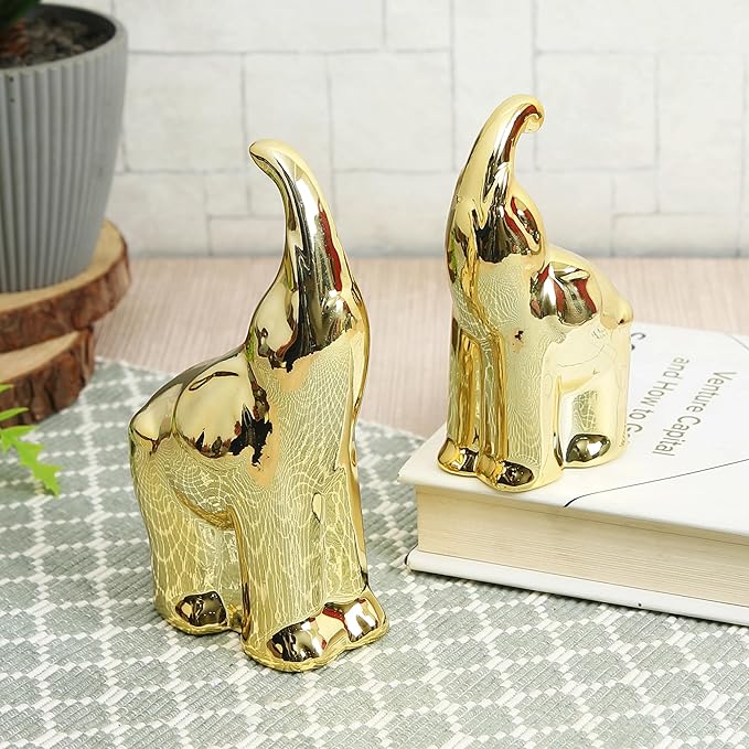 Tied Ribbons 2 Pcs Decorative Ceramic Mother Elephant with Baby Statue Showpiece Decoration