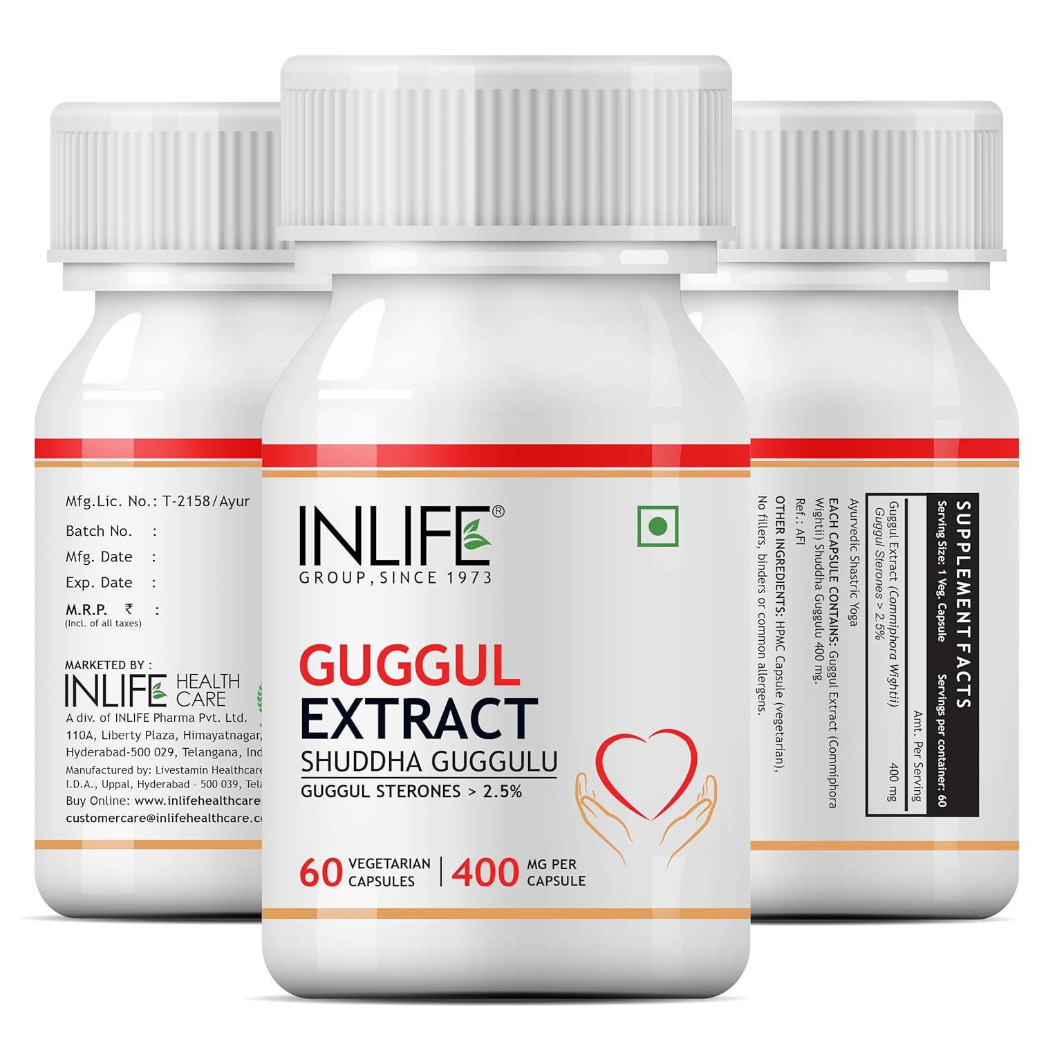INLIFE Guggul Capsules 400mg | Ayurvedic Herbal Supplement with 2.5% Guggul Sterones - 60 Vegetarian Capsules (Pack of 1)