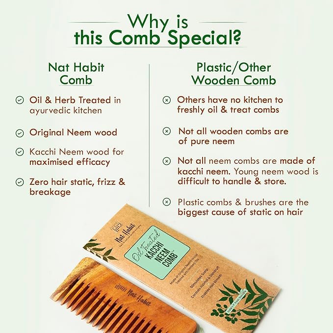 Nat Habit Kacchi Neem Wooden Shampoo Comb - Soaked in 17 Herbs, Neem & Sesame Oil | Wide Tooth- Small Size