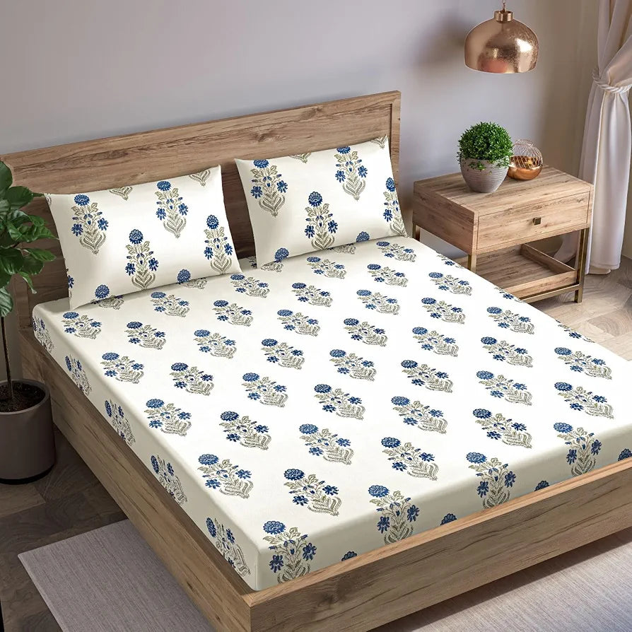 Trance Home Linen 180Tc 100% Cotton 78"X72" Standard King Size Elastic Fitted Bedsheet Printed King Bed Size With 2 Pillow Covers 180 TC King 78X72 Inch Colour Aangan Blue