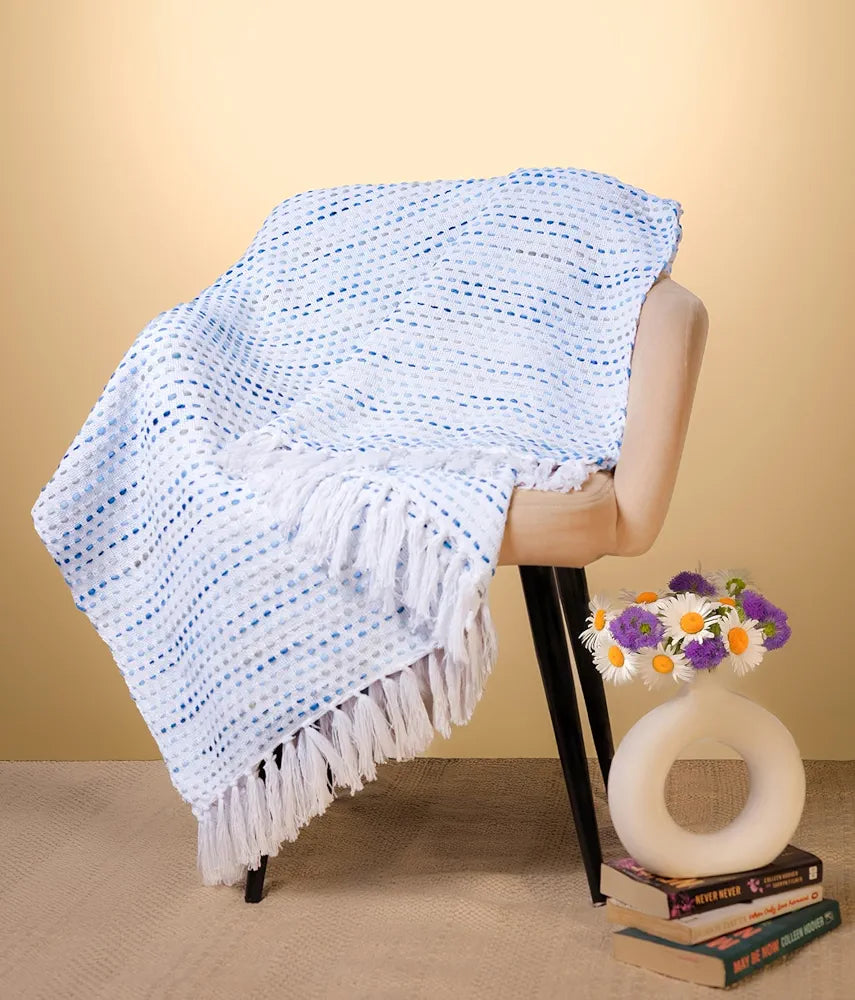 Sajavat Home Hand-Knitted Pure Cotton 3 Seater Sofa Throw Colour  Blue Multi