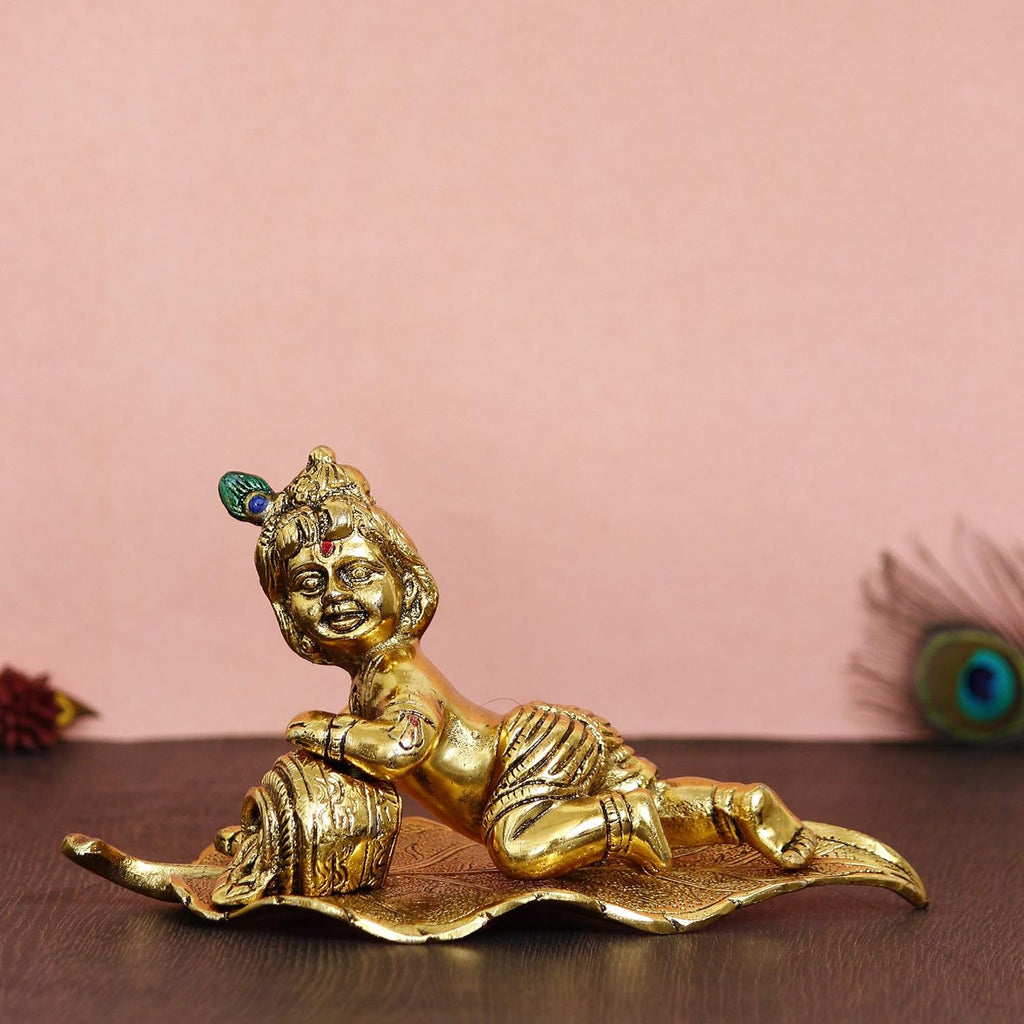 Ecraftindia Golden Lord Krishna Idol Metal Decorative Showpiece