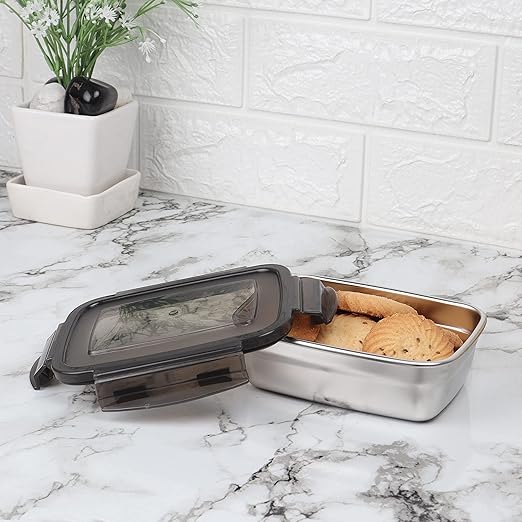 Femora Lunch Box High Steel Rectangle Heavy Duty Airtight Leakproof Unbreakable Storage Container With Lock Lid | 550 Ml | Set of 2
