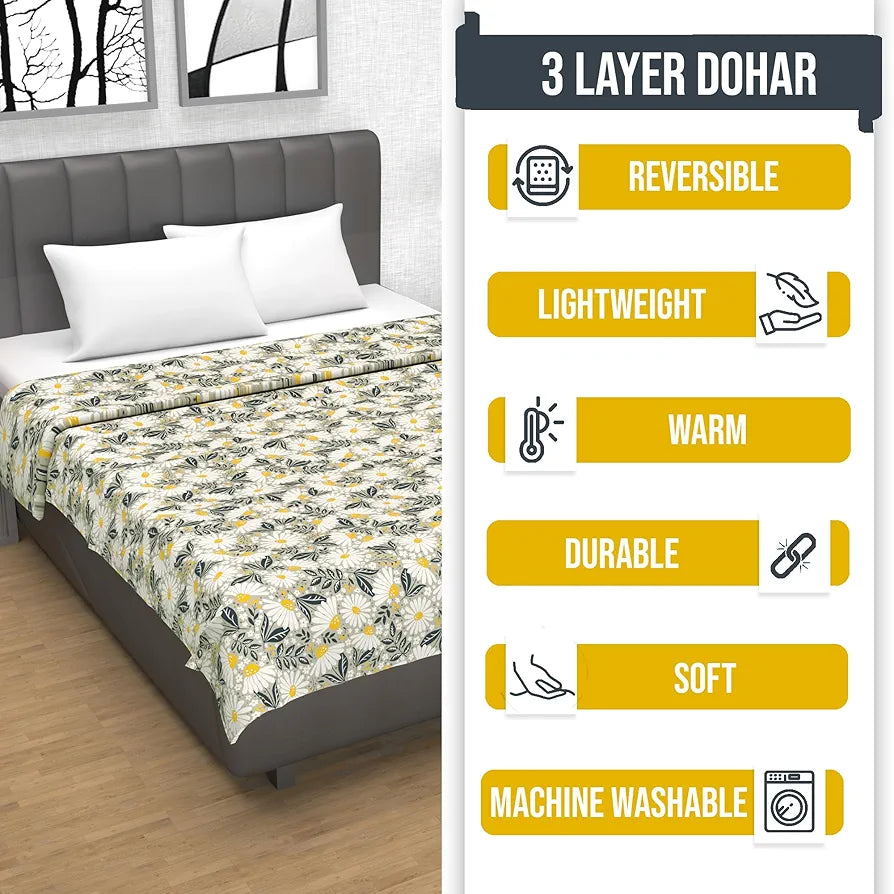 Divine Casa Floret 100% Cotton Double Dohar 120 GSM Soft & Lightweight Throw Blanket Colour Vintage Daisies