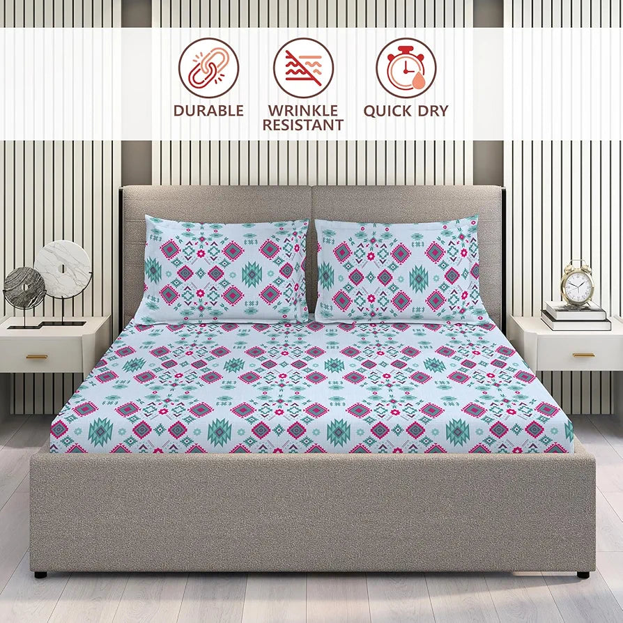 Layers Basicx Cotton Bedsheet Set for All Seasons Lightweight 120 TC Queen Size Blue Geometric
