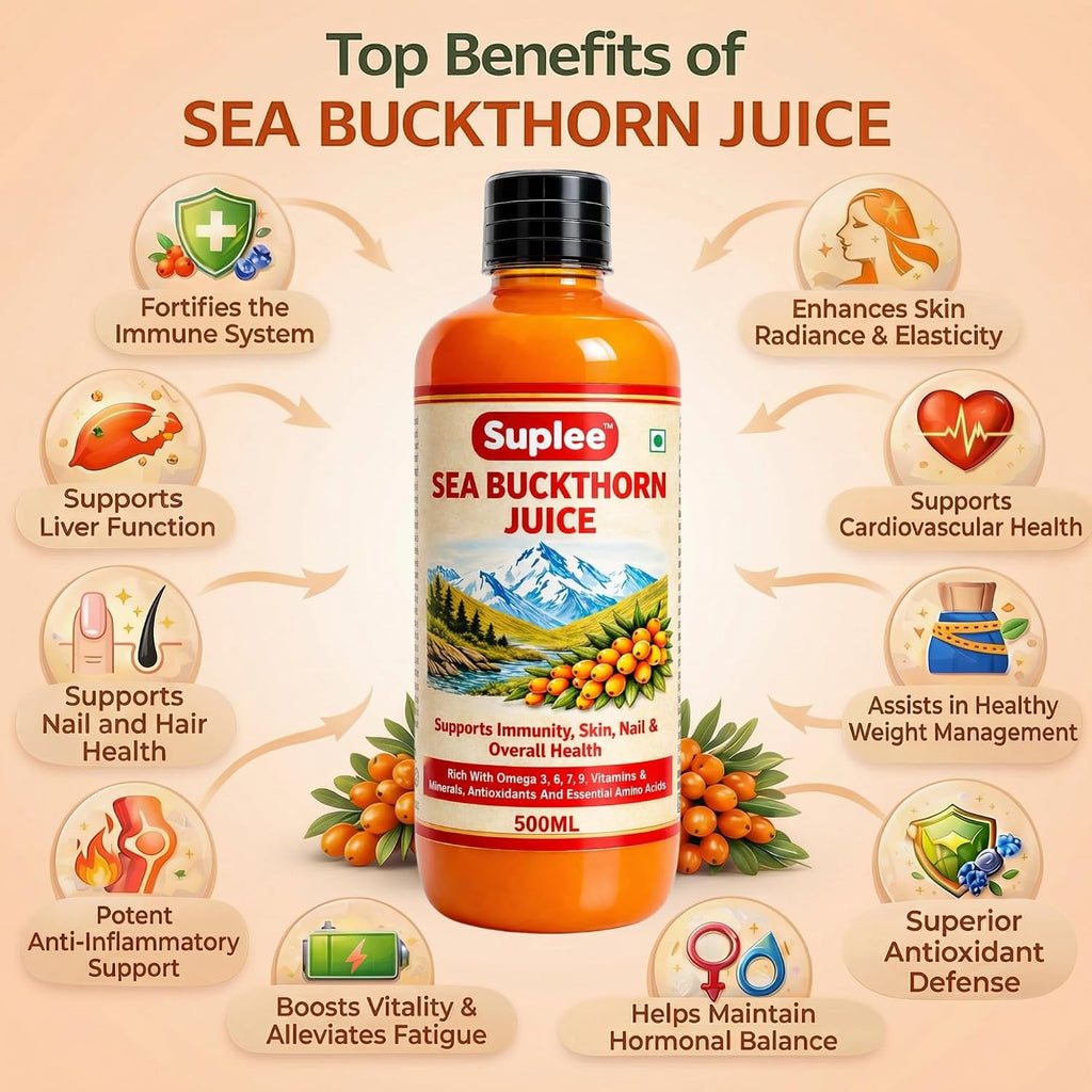 Suplee Himalayan Sea Buckthorn Juice 500ml | Cold Pressed Wild Seabuckthorn Berries | Rich in Omega 3 6 7 9, Vitamins | for Immunity, Skin Care and Vitality | Zero Added Sugar | 500ml