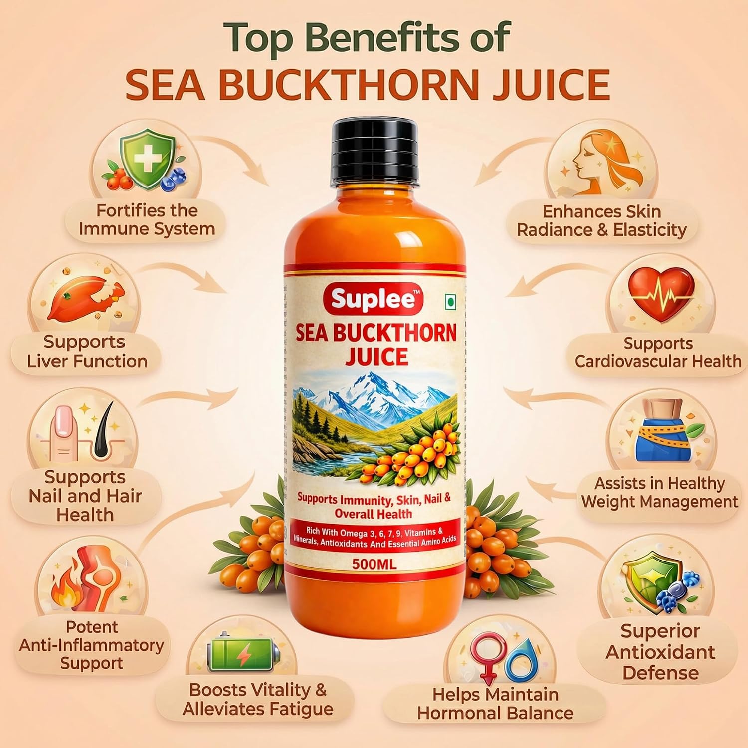 Suplee Himalayan Sea Buckthorn Juice 500ml | Cold Pressed Wild Seabuckthorn Berries | Rich in Omega 3 6 7 9, Vitamins | for Immunity, Skin Care and Vitality | Zero Added Sugar | 500ml
