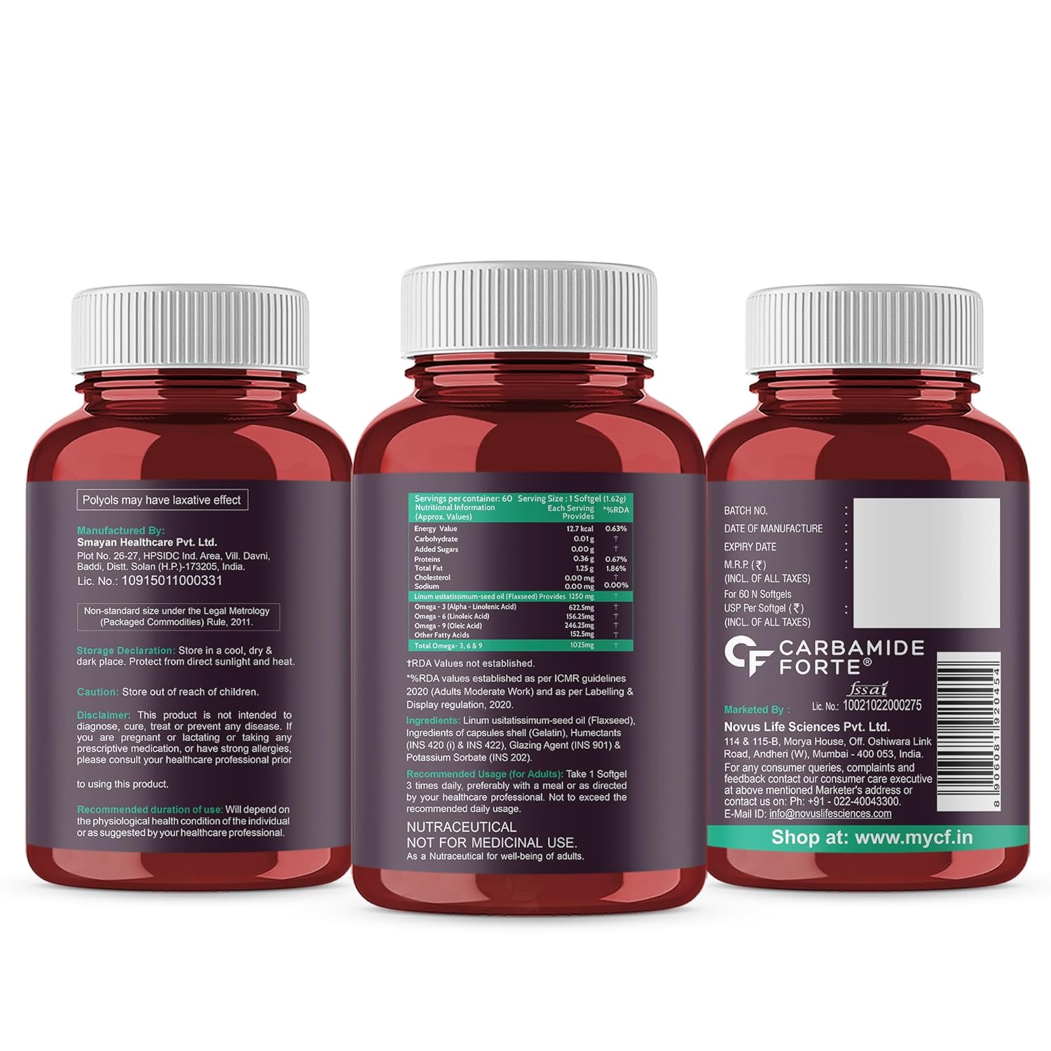 Carbamide Forte Cold Pressed Flaxseed Oil Omega 3 6 9 Capsules (1250mg) for Men and Women | Omega 3 Supplement | Omega 369 | Flaxseed Oil Omega3 Capsule | Omega Fatty Acid - 60 Capsules