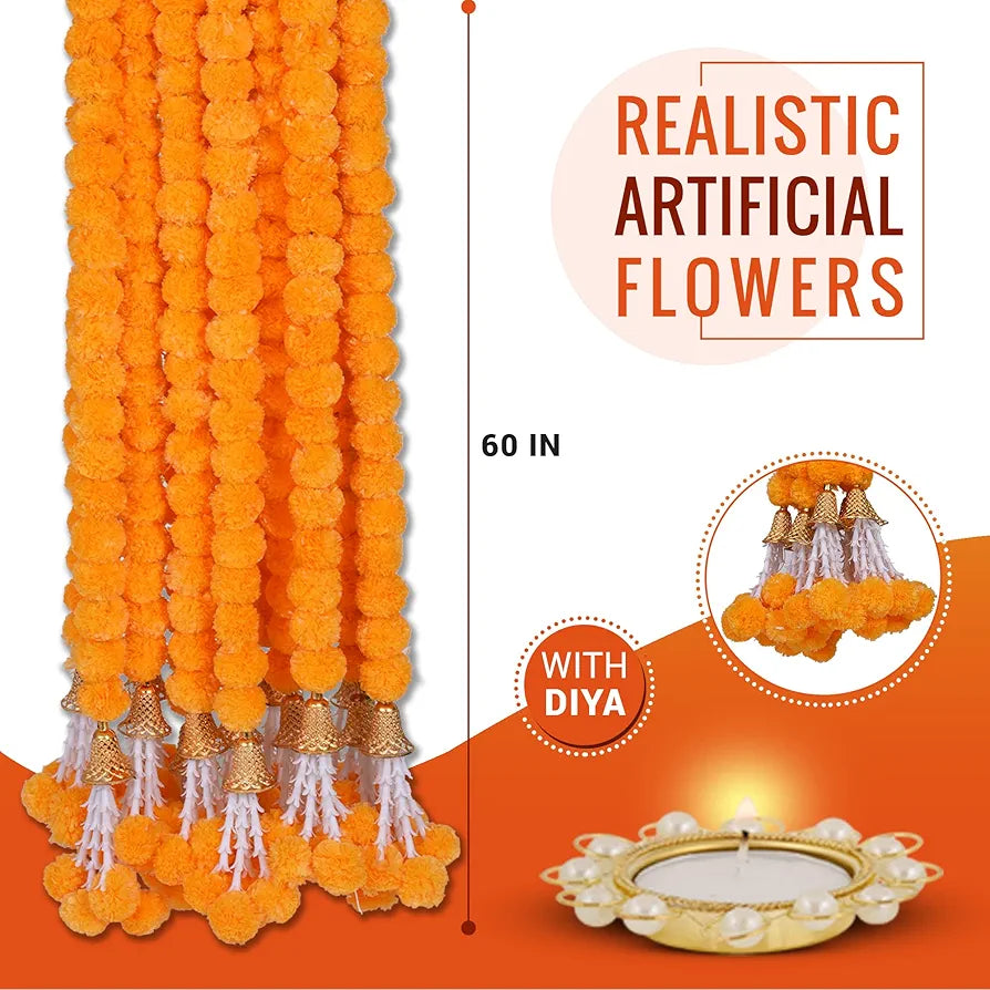 Marigold Artificial Flowers for Decoration Long Garland 5 Feet Long 5 Pcs Mangobell