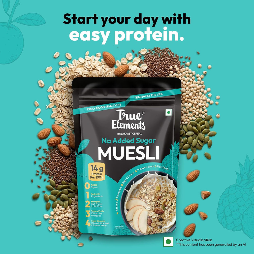 True Elements No Added Sugar Muesli 1kg - Protein muesli -14g protein per 100g | Clean Label Breakfast Cereal | No hidden sugar | Millet Muesli with Jowar | High Fibre