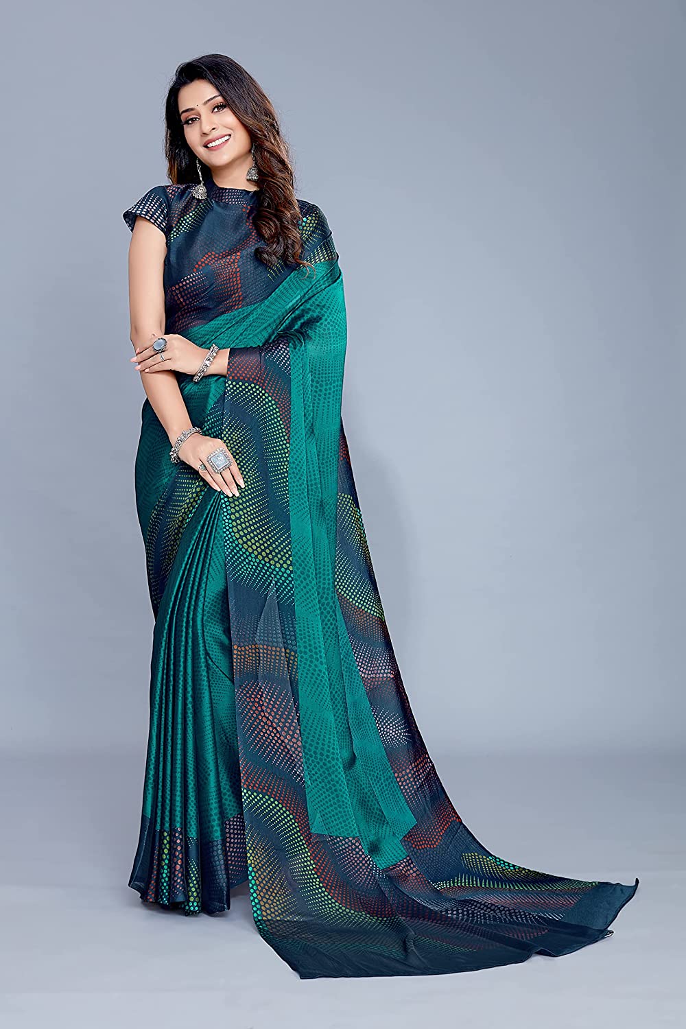 Mirchi Fashion Women's Teal Chiffon Colorful Moire Prints Saree