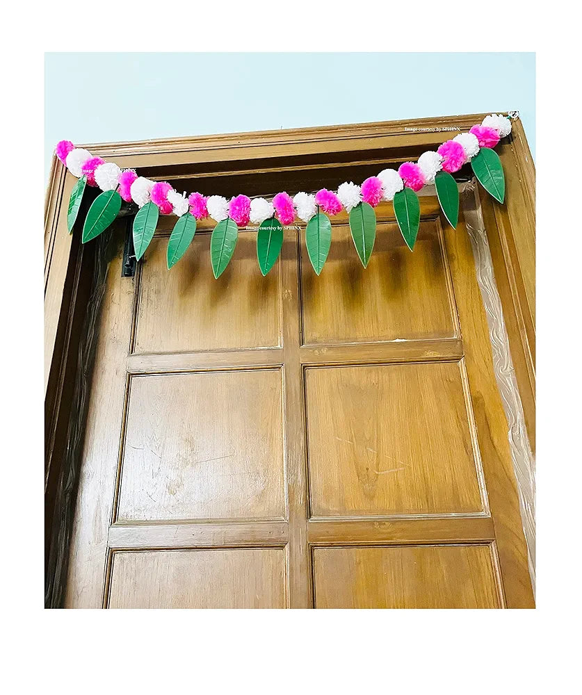 Artificial Marigold &Mango Leaves Simple Door-Window Toran White and Baby Pink