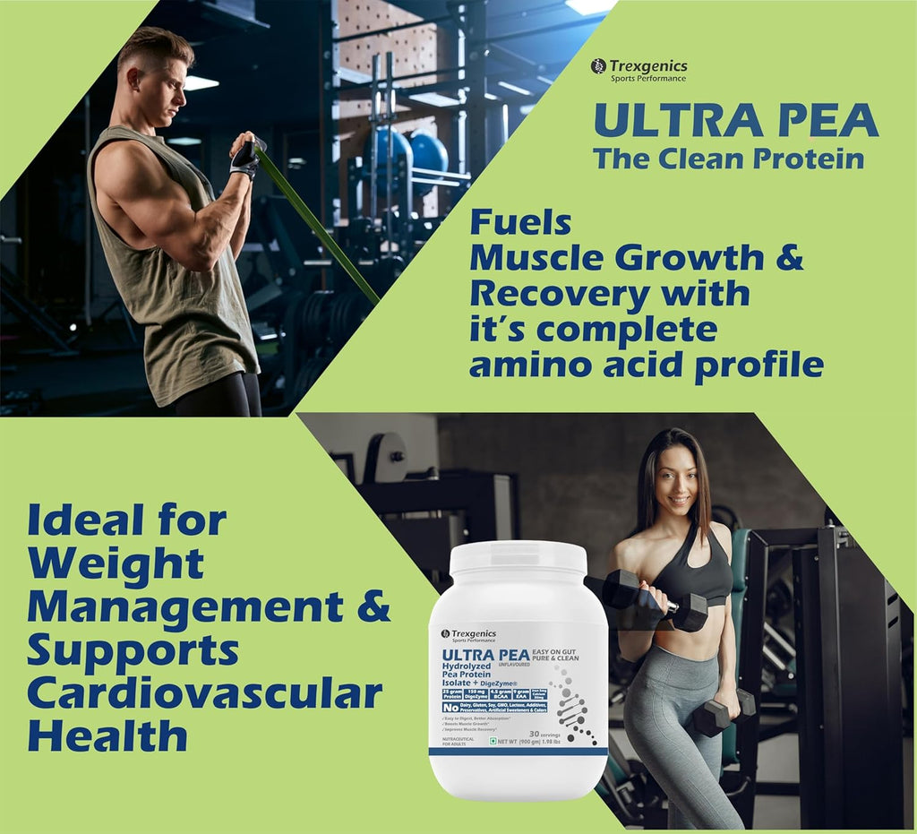 Trexgenics ULTRA PEA Hydrolyzed Pea Protein ISOLATE UNFLAVOURED, 30 Servings, Easy on Gut, Pure & Clean 25gm PROTEIN, 4.5 gm BCAA, 9 gm EAA with DigeZyme Digestive enzyme Complex, Muscle Growth (900 gram)