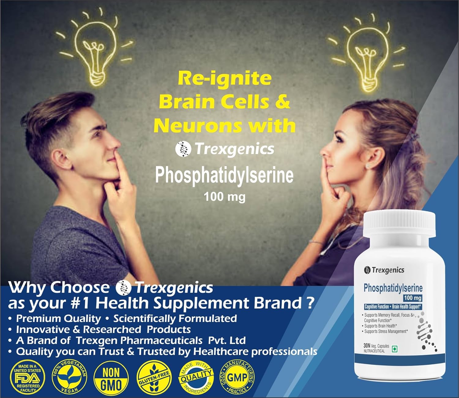 Trexgenics PHOSPHATIDYLSERINE 100 mg from Phospholipid Complex 143 mg, Cognitive Function, Brain Health Support (30 Veg Capsules)