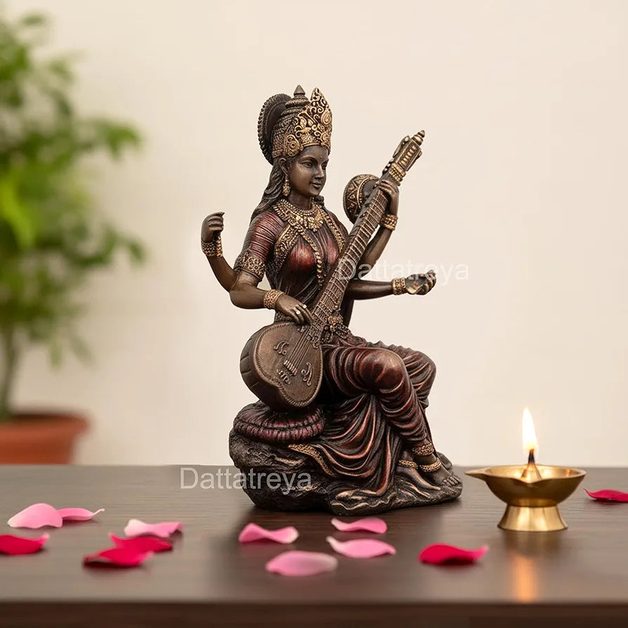 Dattatreya Polyresin Bonded Bronze Maa Saraswati Idol Statue Murti for Puja - 6 Inch